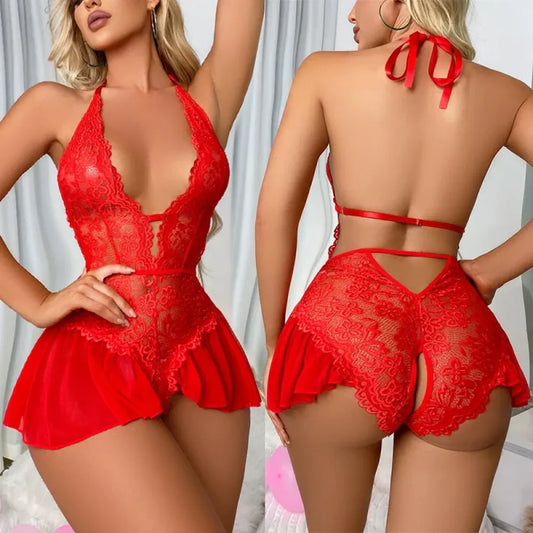 Blue Lace Crotchless Lingerie Hollow Babydoll-0