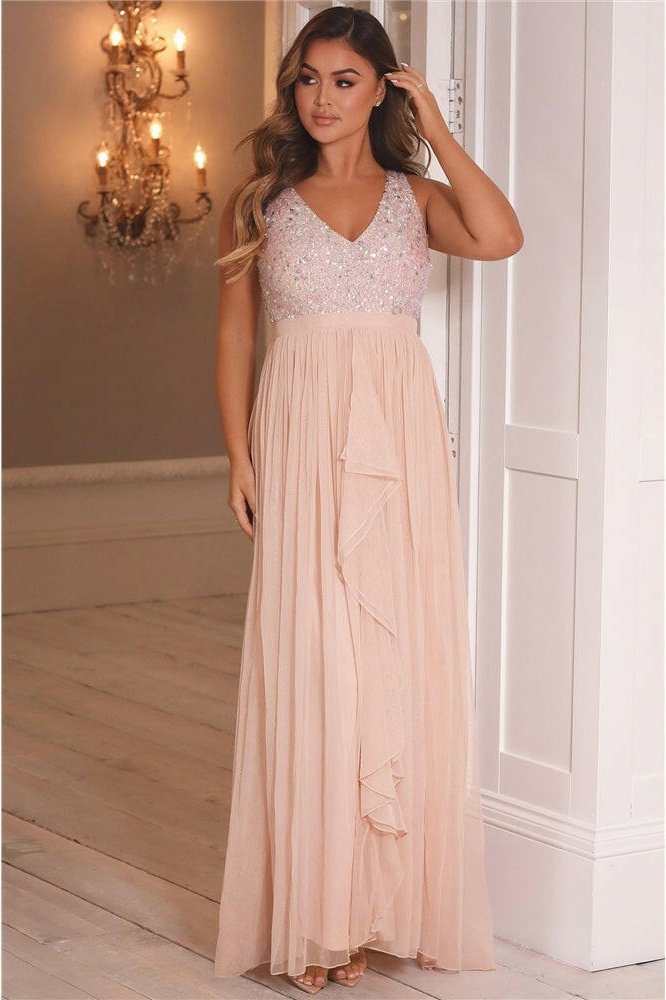 Yasmin Blush Sequin Top Tiered Maxi Dress-0