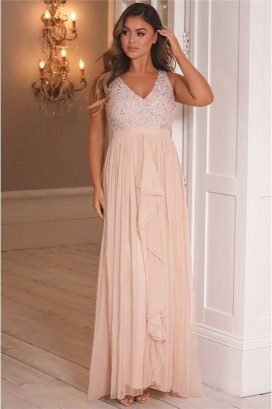 Yasmin Blush Sequin Top Tiered Maxi Dress-0