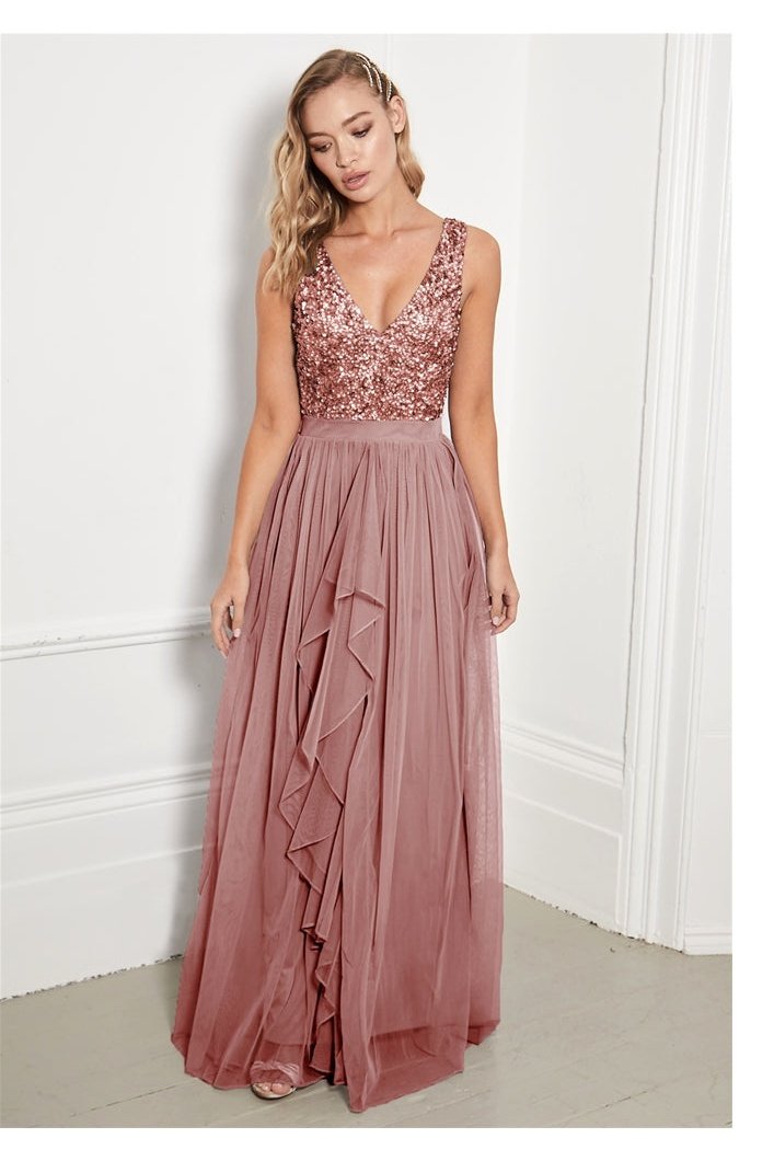 Yasmin Rose Gold Sequin Top Maxi Dress-2