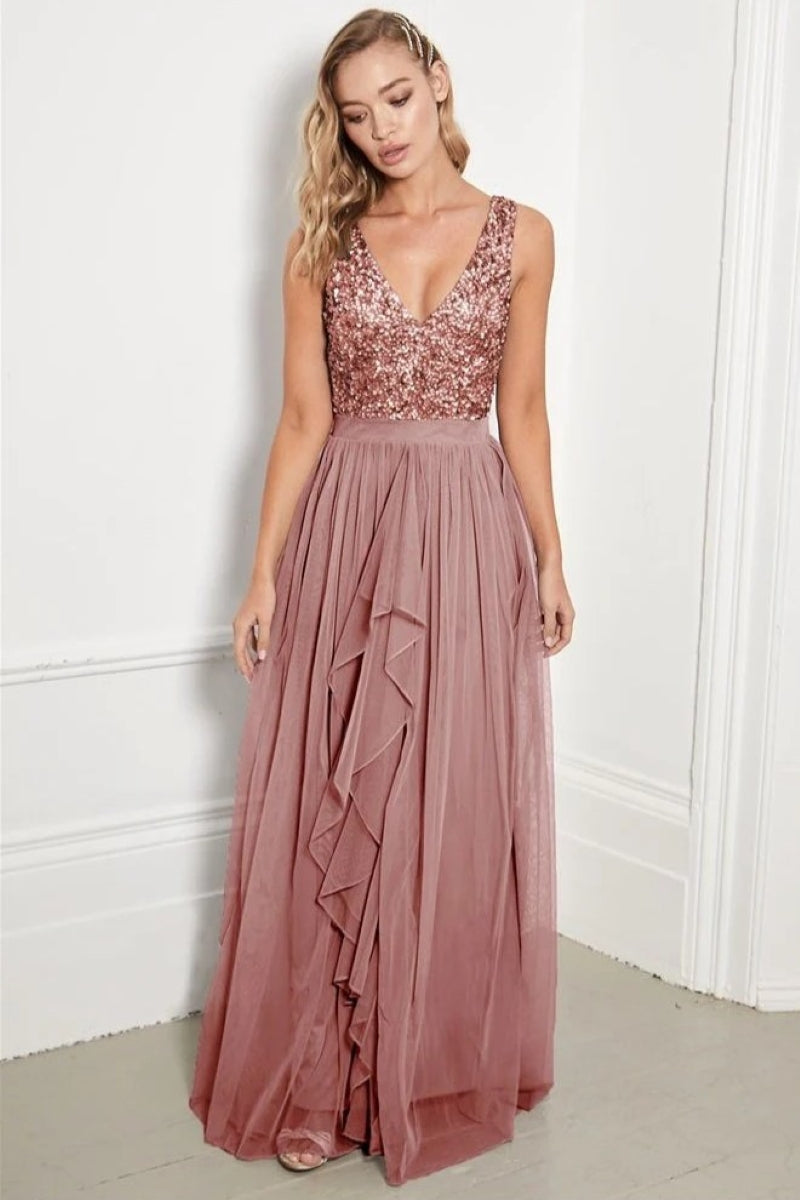 Yasmin Rose Gold Sequin Top Maxi Dress-0